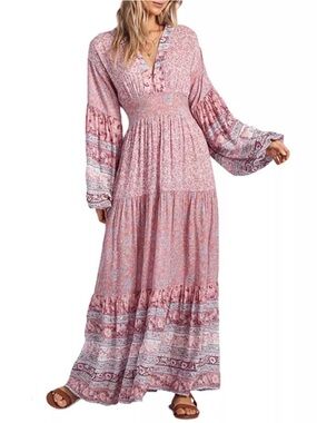 Billabong Cosmos Boho Maxi Dress Size M Floral Pink Tiered Ruffled Cottagecore